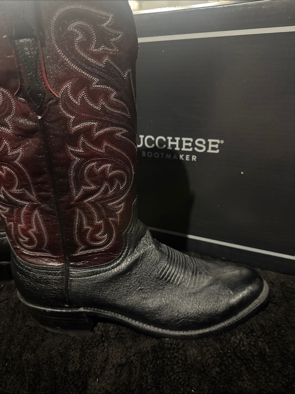 Lucchese Nathan Black Foot with Burgundy Shaft Western Cowboy Boots